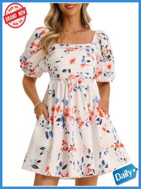 Women's Square Neck Puff Sleeve Floral Mini Babydoll Dress with Pockets
